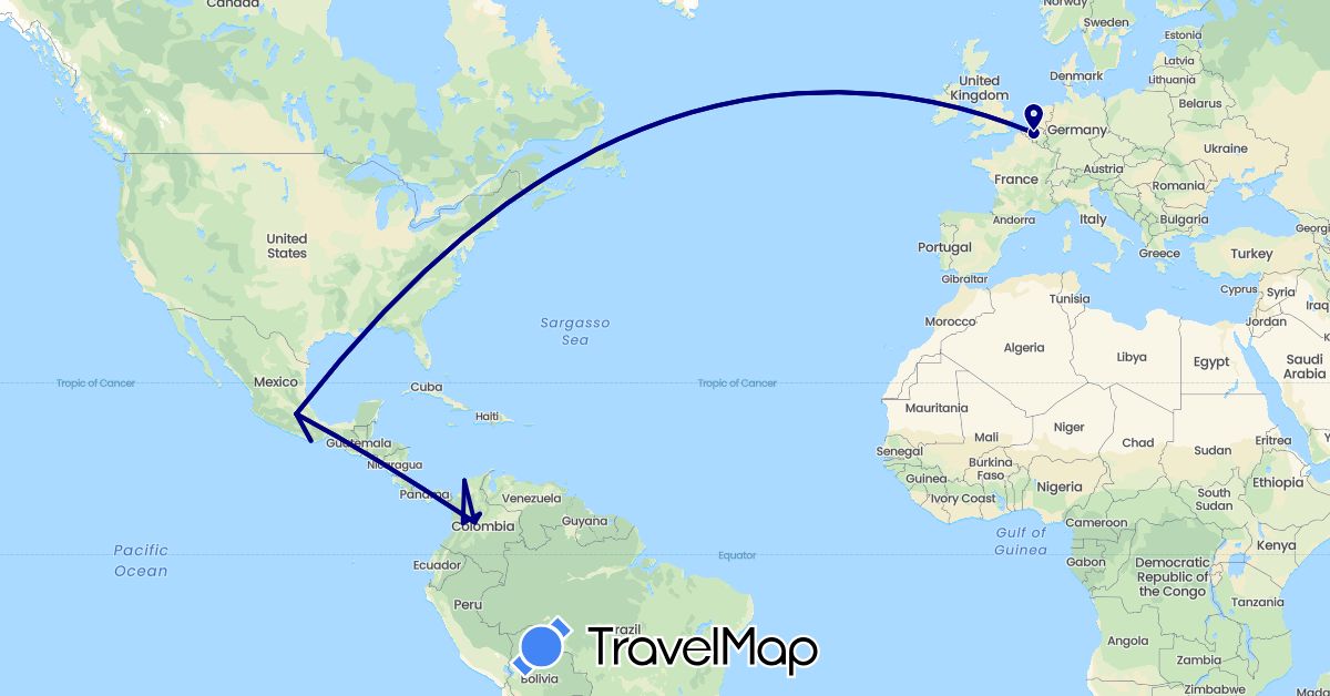 TravelMap itinerary: driving in Belgium, Colombia, Mexico (Europe, North America, South America)